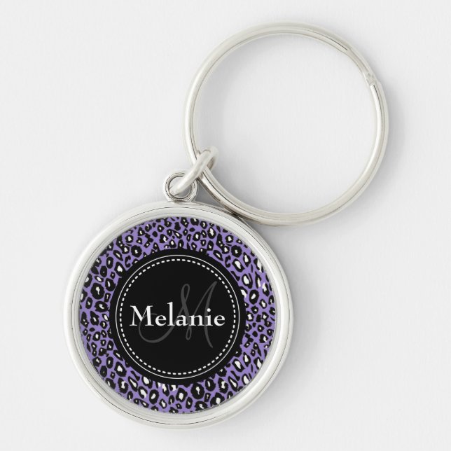Monogrammed Purple Black White Leopard Pattern Keychain (Front)