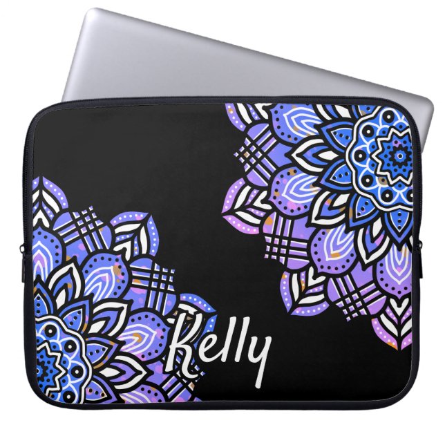 Monogrammed Purple, Black & White Mandala Pattern  Laptop Sleeve (Front)