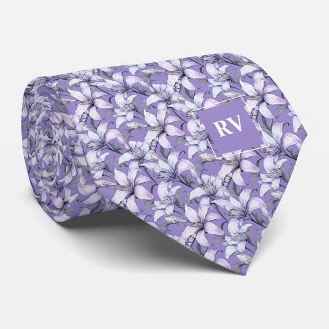 Monogrammed Purple Easter Lily Floral Tie (Rolled)
