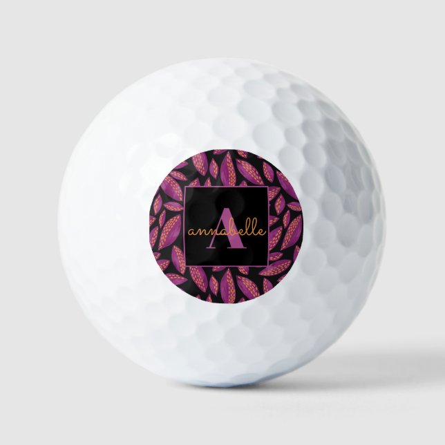 Monogrammed Purple Fall Leaves Pattern Golf Balls (Front)