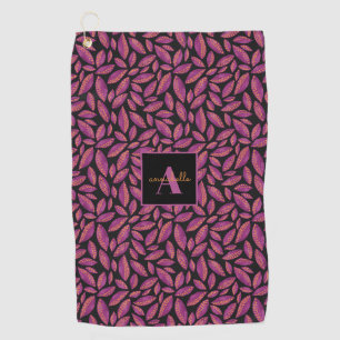 Monogrammed Purple Fall Leaves Pattern Golf Towel