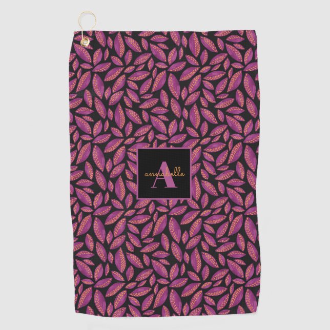 Monogrammed Purple Fall Leaves Pattern Golf Towel (Front)