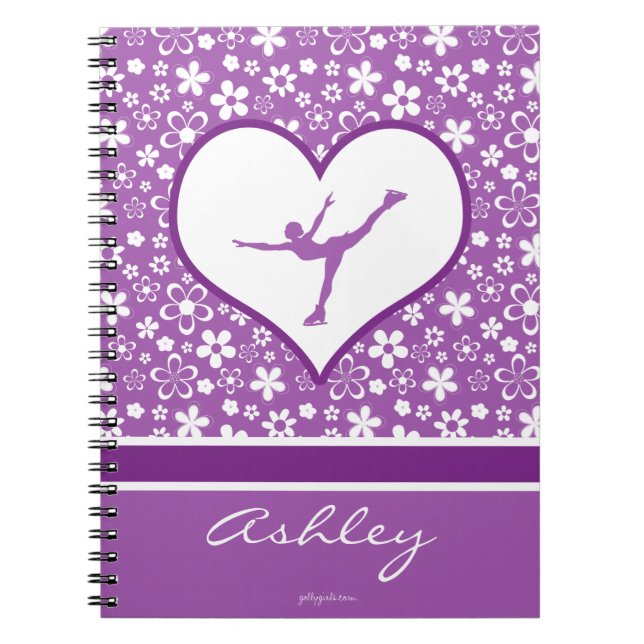 Monogrammed Purple Flowers Pattern Figure Skating Notebook (Front)