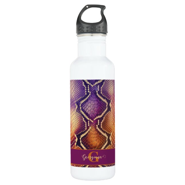 Monogrammed Purple & Gold Shimmering Snake Skin 710 Ml Water Bottle (Front)