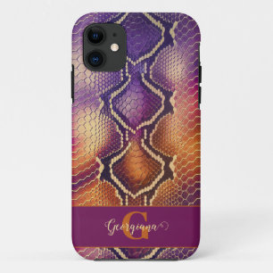 Monogrammed Purple & Gold Shimmering Snake Skin iPhone 11 Case