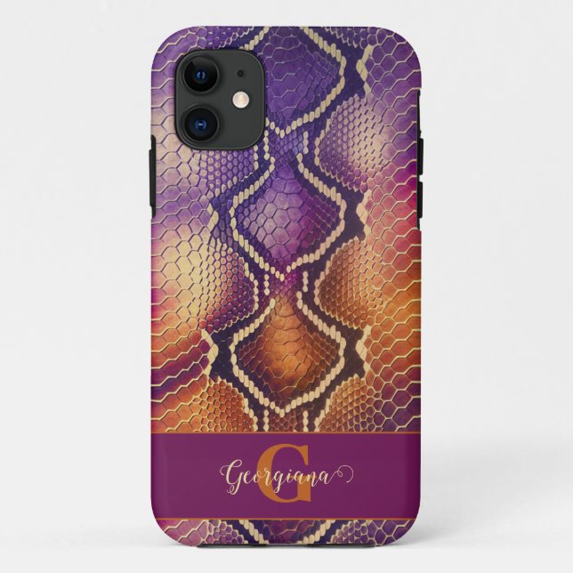 Monogrammed Purple & Gold Shimmering Snake Skin Case-Mate iPhone Case (Back)