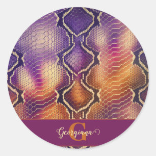 Monogrammed Purple & Gold Shimmering Snake Skin Classic Round Sticker