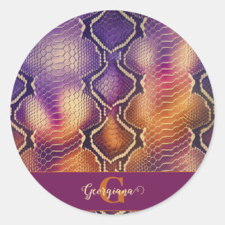 Monogrammed Purple & Gold Shimmering Snake Skin Classic Round Sticker