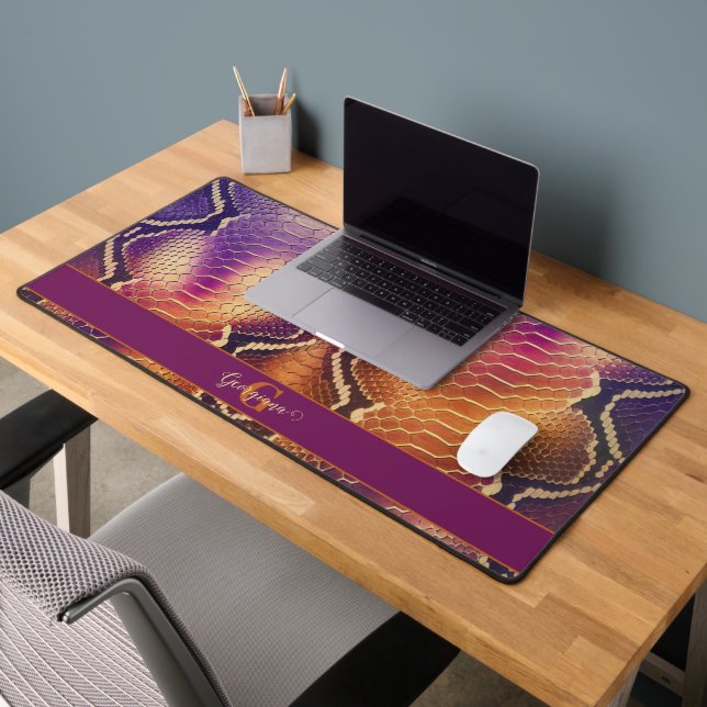 Monogrammed Purple & Gold Shimmering Snake Skin Desk Mat (Office 2)