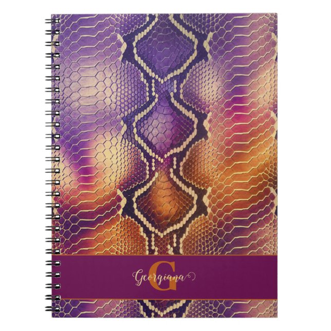 Monogrammed Purple & Gold Shimmering Snake Skin Notebook (Front)