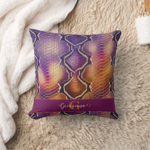 Monogrammed Purple & Gold Shimmering Snake Skin Throw Pillow