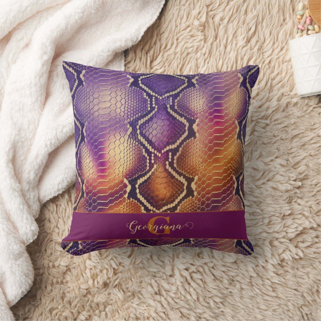Monogrammed Purple & Gold Shimmering Snake Skin Throw Pillow (Blanket)