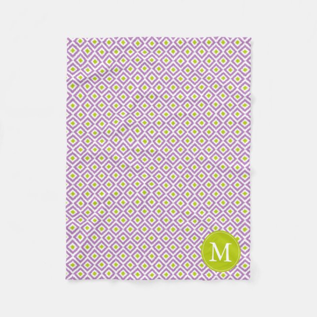Monogrammed Purple Green Diamonds Ikat Pattern Fleece Blanket (Front)