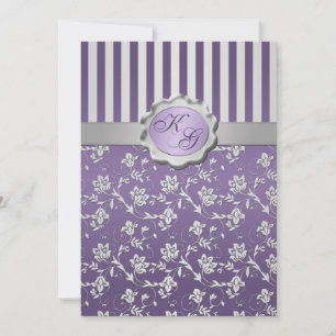 Monogrammed Purple, Grey Floral Striped Invitation
