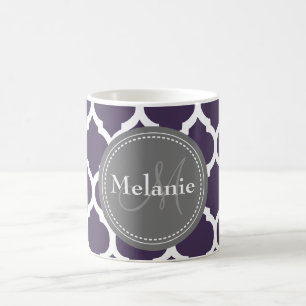 Monogrammed Purple & Grey Quatrefoil Coffee Mug