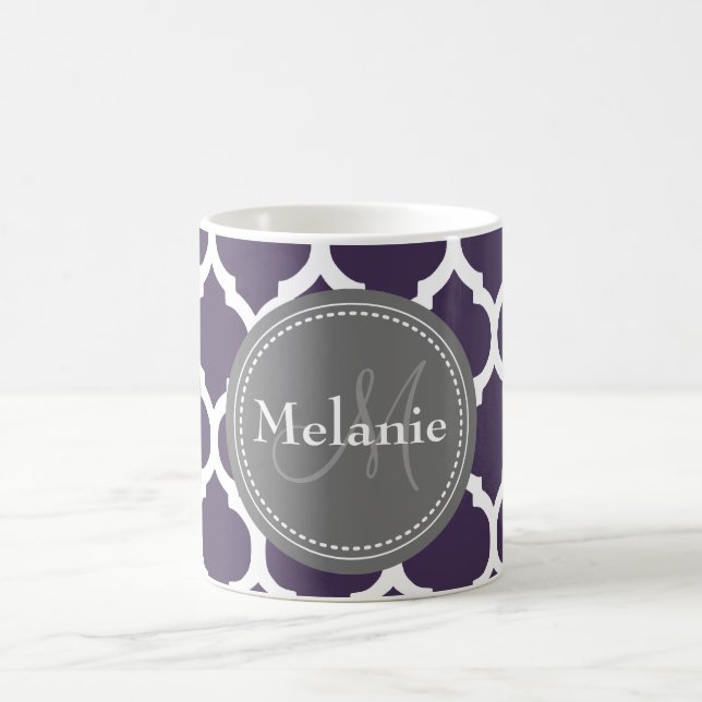 Monogrammed Purple & Grey Quatrefoil Magic Mug (Center)