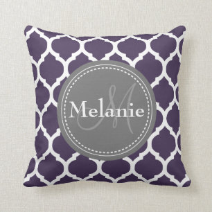 Monogrammed Purple & Grey Quatrefoil Throw Pillow