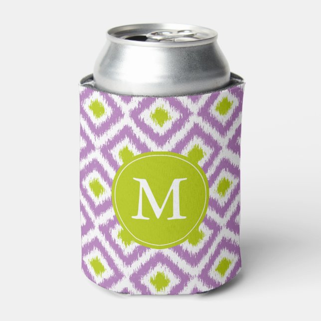 Monogrammed Purple Ikat Diamonds Pattern Can Cooler (Can Front)