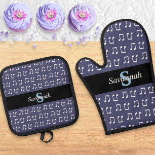 Monogrammed Purple Musical Patterned Music Notes Oven Mitt & Pot Holder Set