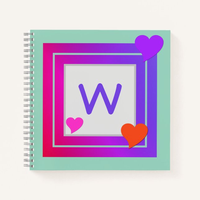 Monogrammed Purple Pink Orange Red Hearts on Teal Notebook (Front)