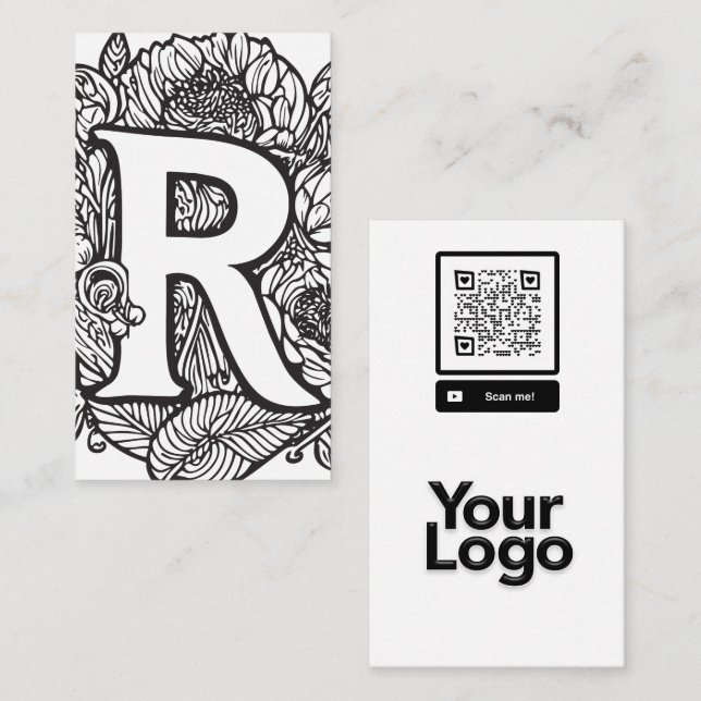 Monogrammed R Black and White Floral QR Code Logo Business Card (Front/Back)