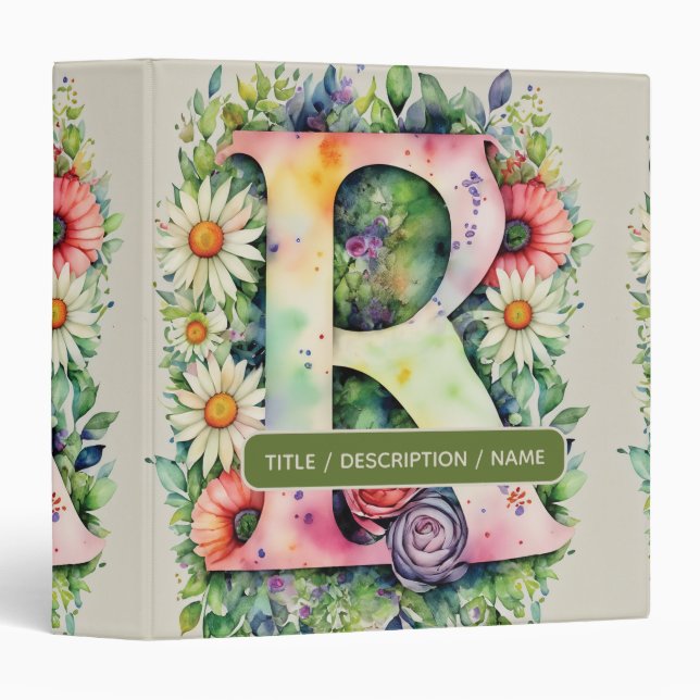 Monogrammed R Daisy Rose Floral Watercolor Logo Binder (Front/Spine)