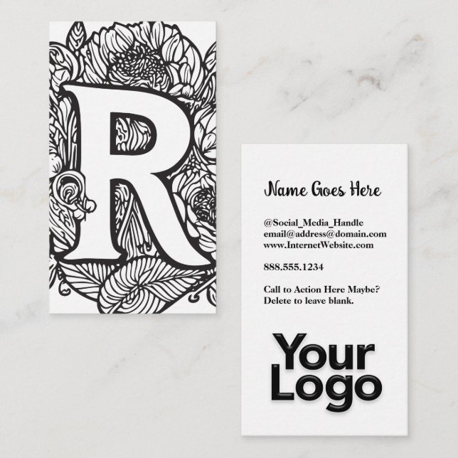 Monogrammed R Floral Black and White Company Logo  Business Card (Front/Back)