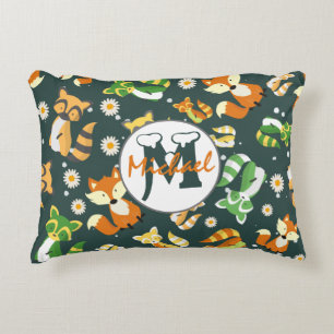 Monogrammed raccoons pattern nursery navy blue boy accent pillow