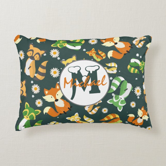 Monogrammed raccoons pattern nursery navy blue boy accent pillow (Front)