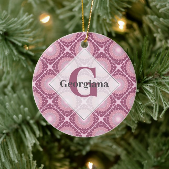 Monogrammed Radiant Dusky Rose Dot Mandala Tiled Ceramic Ornament (Tree)
