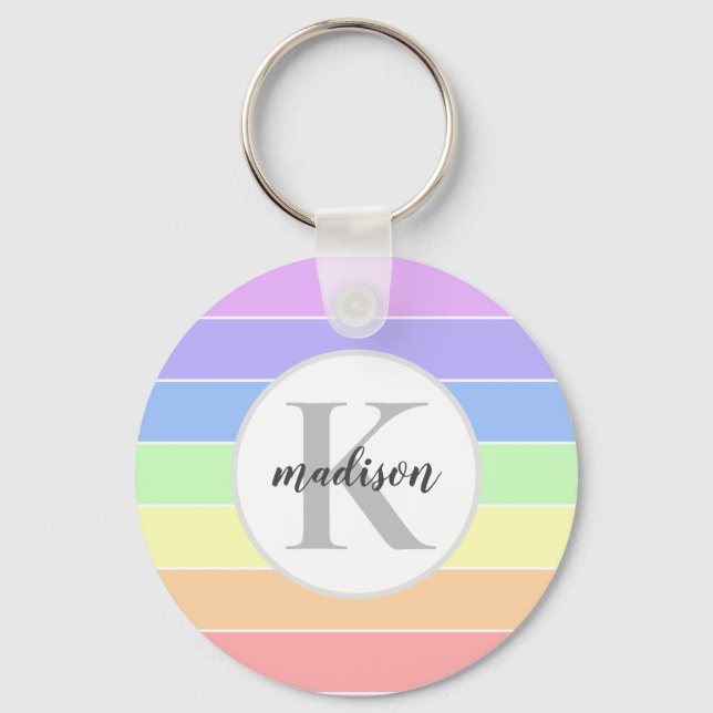 Monogrammed Rainbow Colourful Stripes Pattern Keychain (Front)