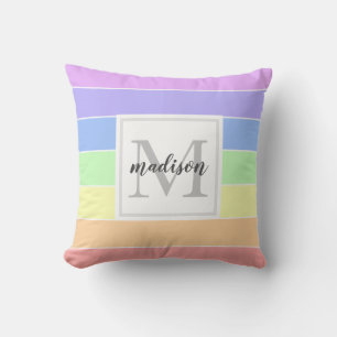 Monogrammed Rainbow Colourful Stripes Pattern Throw Pillow