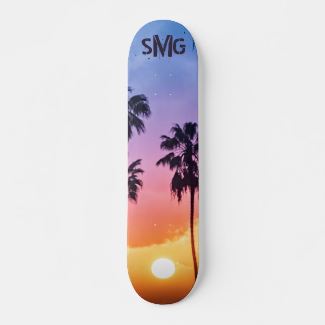 Monogrammed Rainbow Sun Palm Tree Personalized Skateboard (Front)
