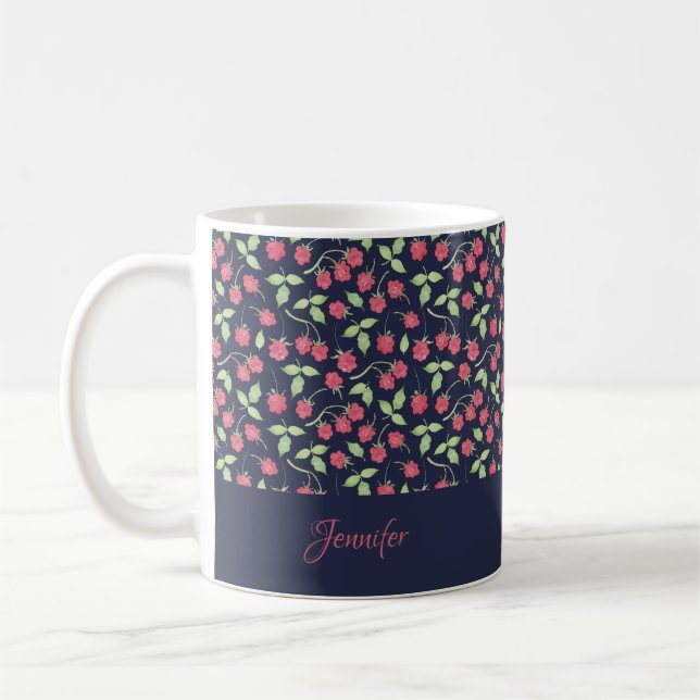 Monogrammed | Raspberry Flowers Blue Floral Custom Coffee Mug (Left)