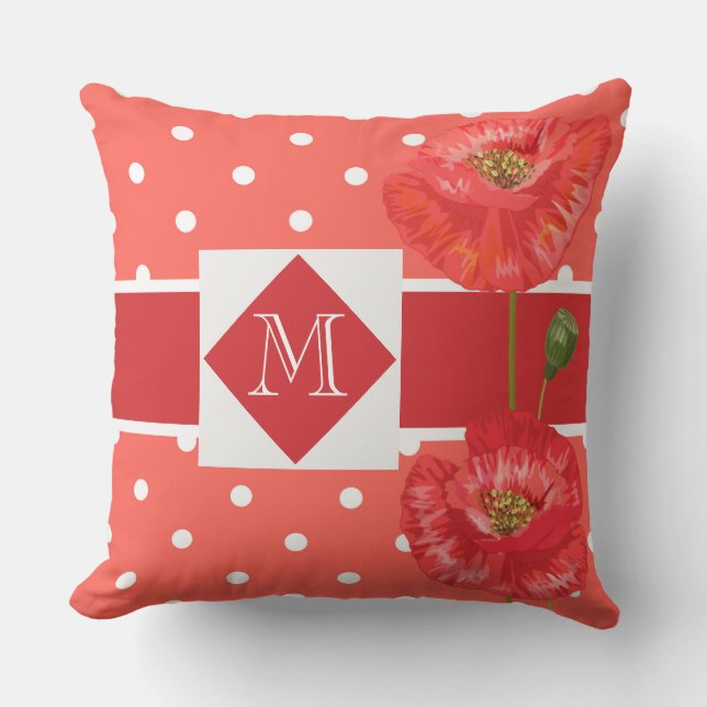 Monogrammed Red and Peach Poppy Garden Outdoor Pillow (Front)