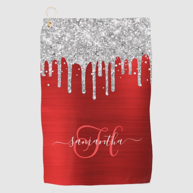 Monogrammed Red and Silver Dripping Glitter Golf Towel (Front)