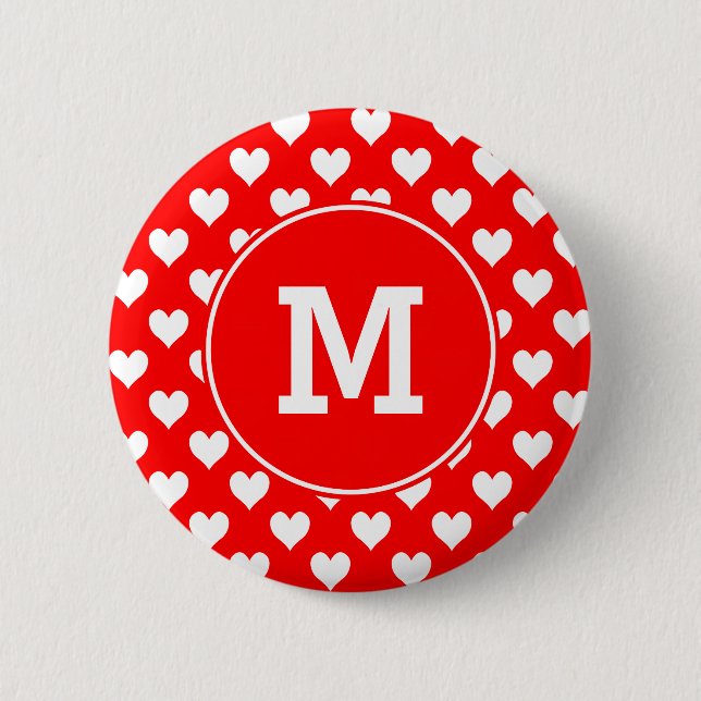 Monogrammed Red and White Heart Pattern 2 Inch Round Button (Front)