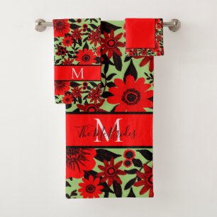 Monogrammed Red, Black and Green Jungle Floral Bath Towel Set
