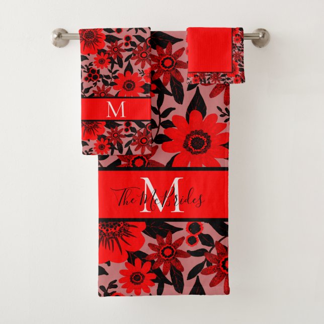 Monogrammed Red, Black and Pink Jungle Floral Bath Towel Set (Insitu)