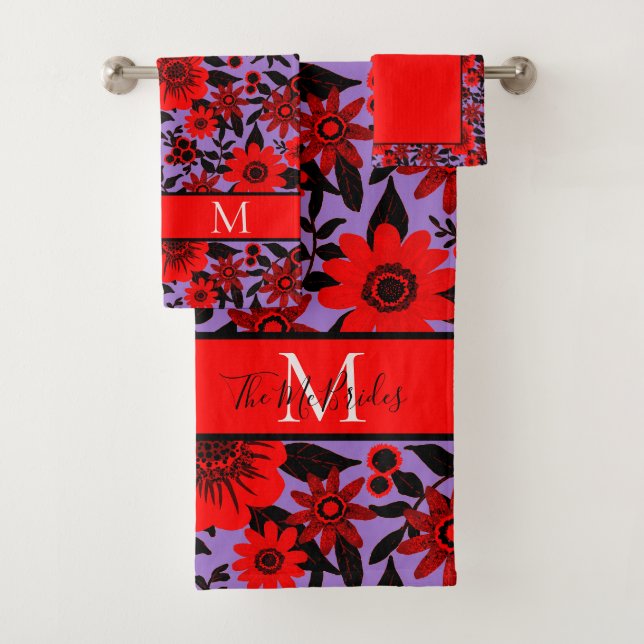 Monogrammed Red, Black and Purple Jungle Floral Bath Towel Set (Insitu)