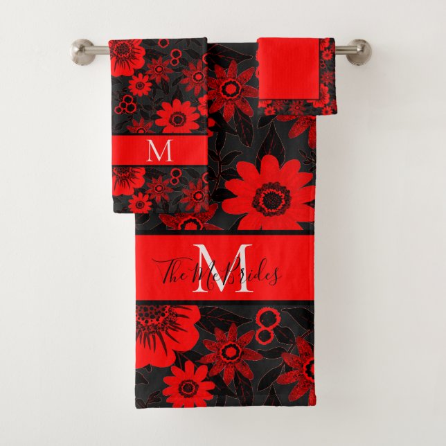 Monogrammed Red, Black and White Jungle Floral Bath Towel Set (Insitu)