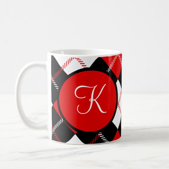 Monogrammed Red Black White Argyle Plaid  Coffee Mug (Left)