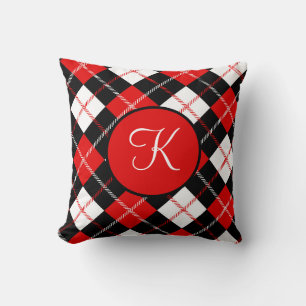Monogrammed Red Black White Argyle Plaid  Throw Pillow