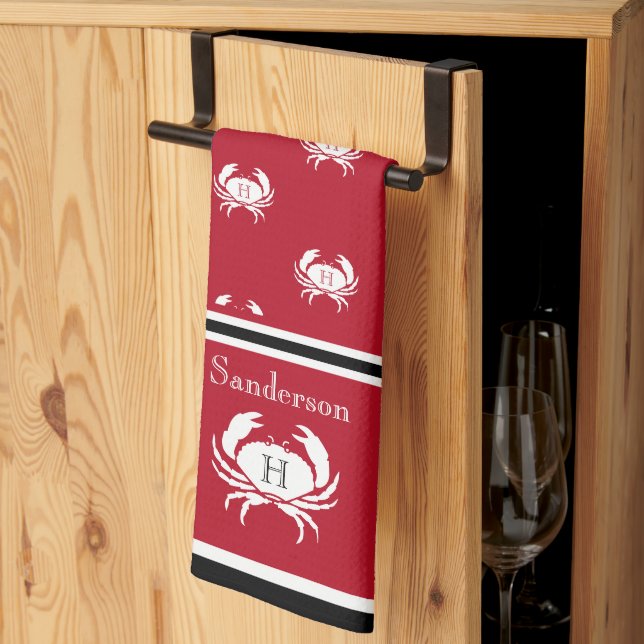 Monogrammed Red Black White Crab Nautical Apron Ki Kitchen Towel (Thirds Fold)