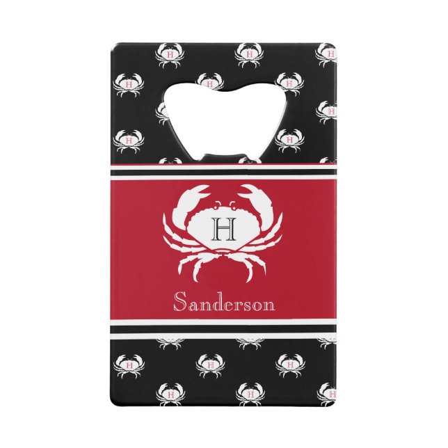 Monogrammed Red Black White Crab Nautical  Credit  Credit Card Bottle Opener (Front)