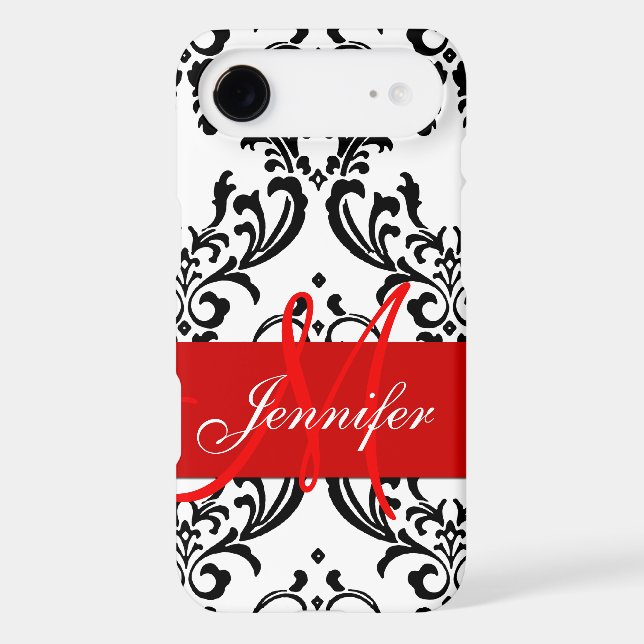 Monogrammed Red Black White Swirls Damask Case-Mate iPhone Case (Back)