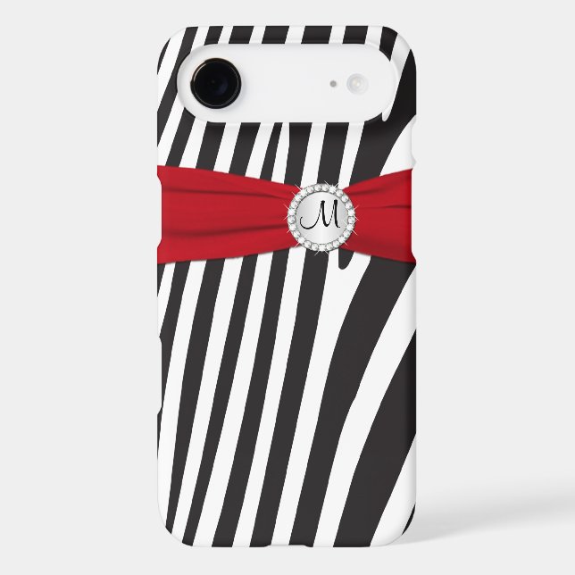 Monogrammed Red, Black, White Zebra Striped Case-Mate iPhone Case (Back)