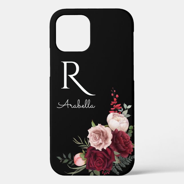  Monogrammed Red Blush Roses on Black Case-Mate iPhone Case (Back)
