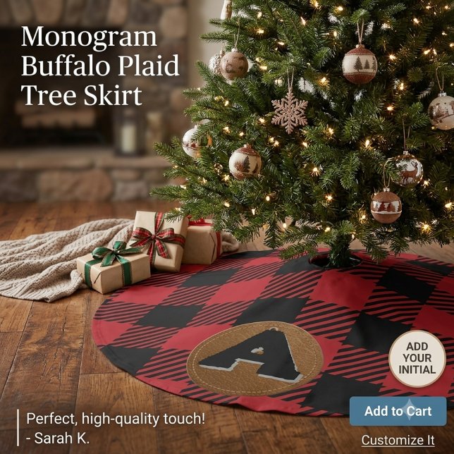 Monogrammed Red Buffalo Plaid Christmas  Brushed Polyester Tree Skirt (Creator Uploaded)
