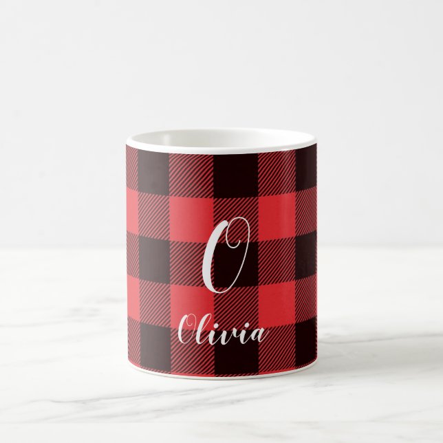Monogrammed Red Buffalo Plaid Christmas Coffee Mug (Center)